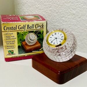 VTG 90s Crystal Golf Ball Clock with Wood Base Battery Operated Open Box New
